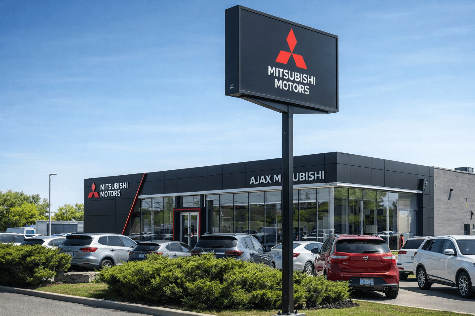 Ajax Mitsubishi dealership pylon sign and dark ACM-clad building