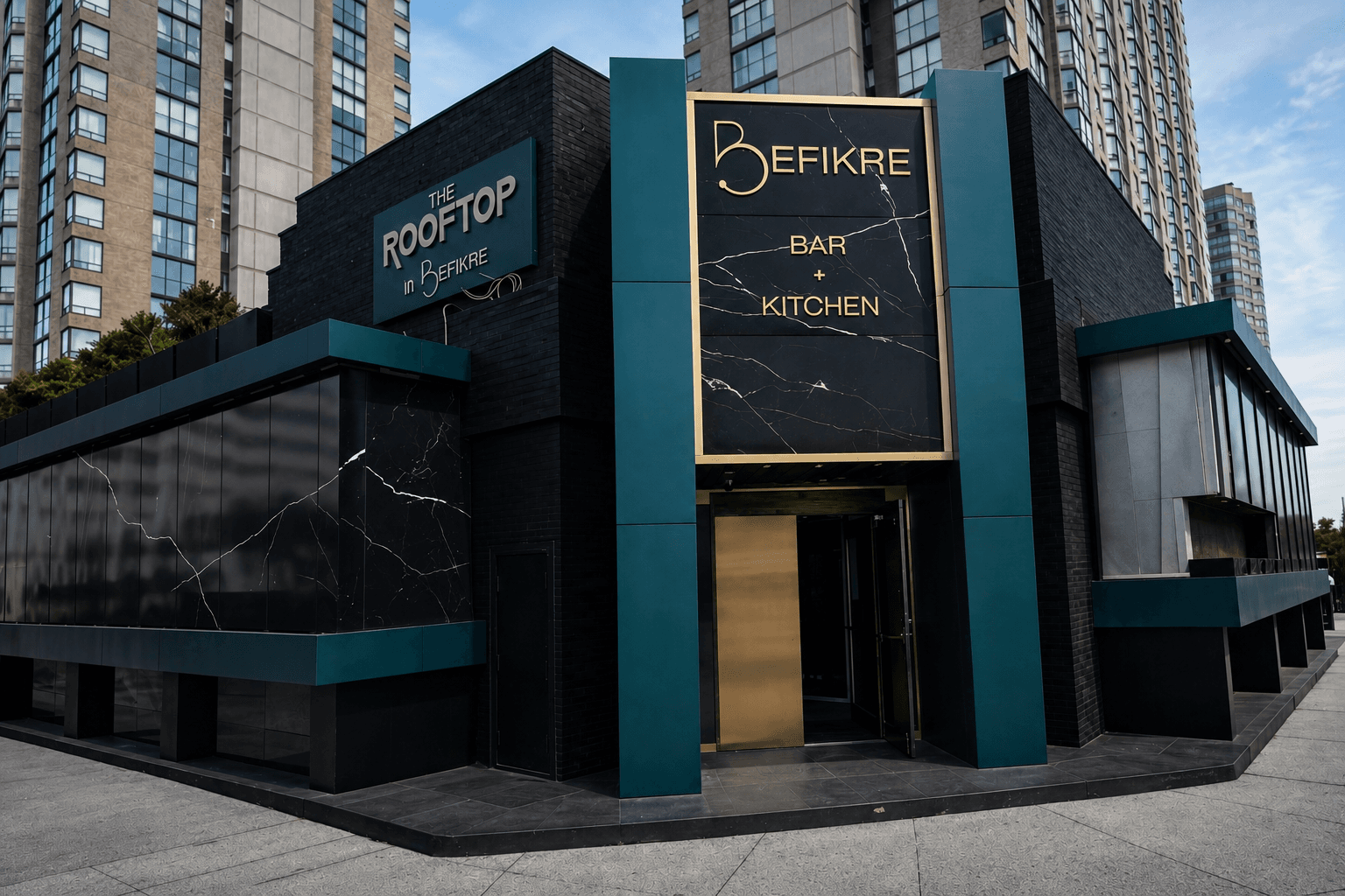 Befikre Bar and Kitchen rooftop entrance with marble panel signage and teal metal accents