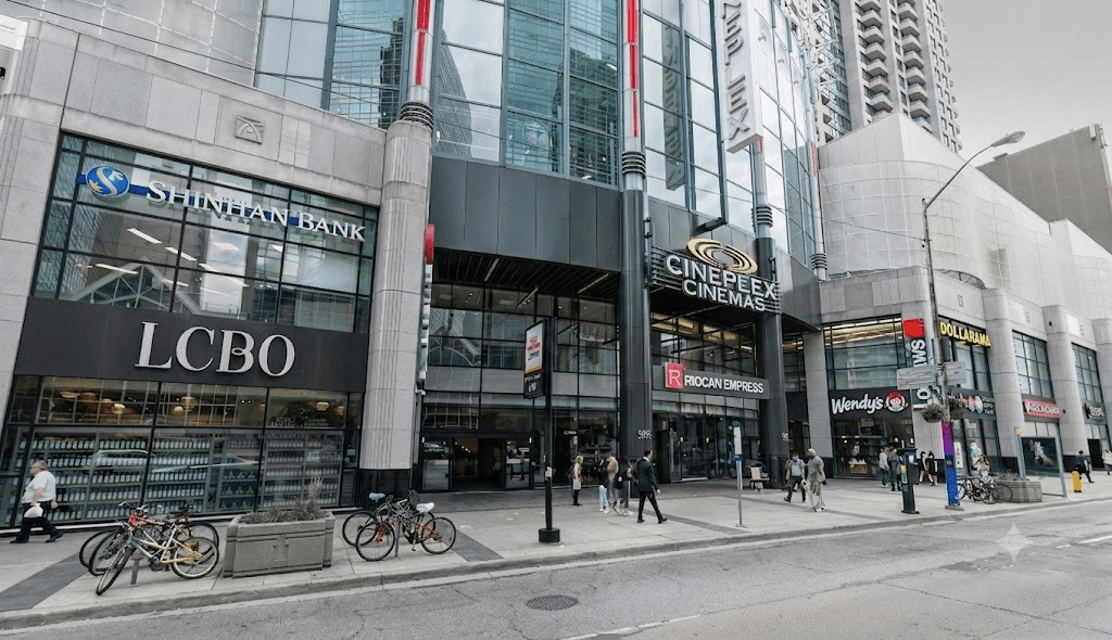 RioCan Empress Walk shopping centre storefront with Shinhan Bank, LCBO, Cineplex, and Wendy's signage
