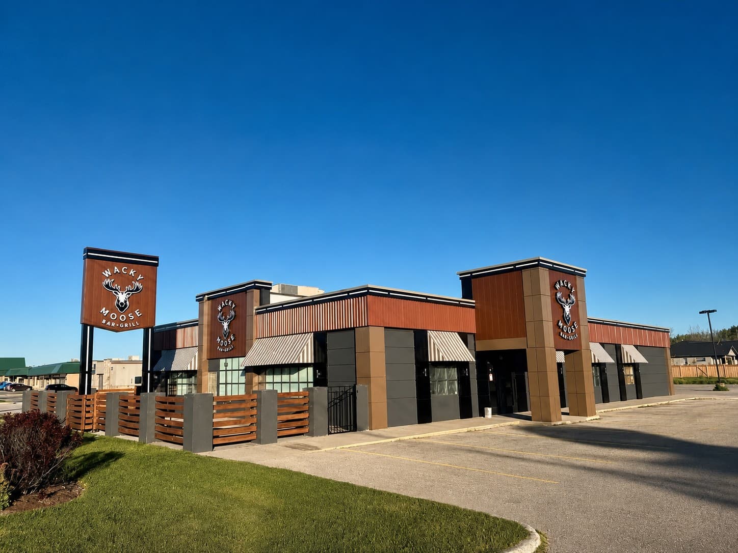 Wacky Moose Bar & Grill exterior with metal panel cladding and tower signage